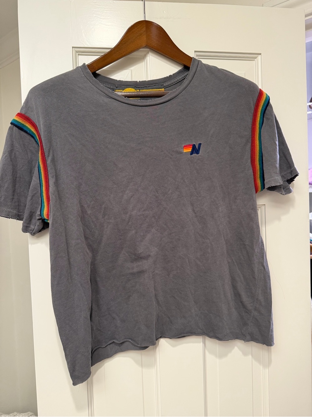 Aviator Nation Gray Short Sleeve Tee with Rainbow Trim